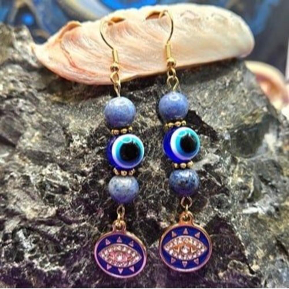 Dumortierite Gemstone Evil Eye Protection Earrings
